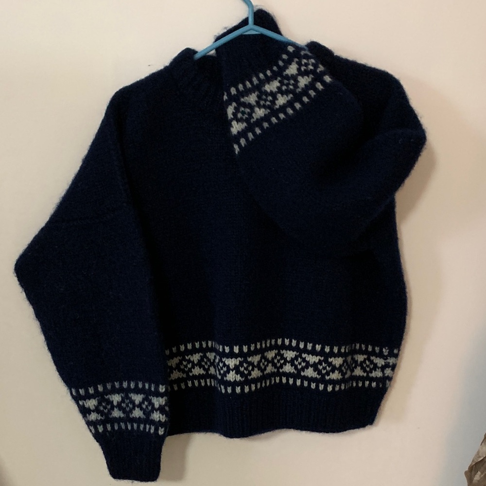 Hand knit wool  Navy Patterned Women's crew neck Sweater